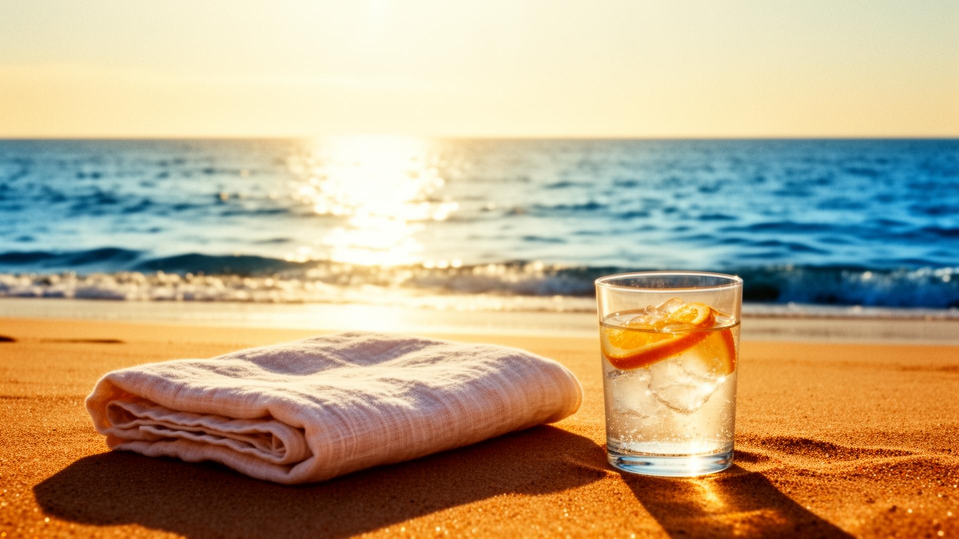 A sun-drenched horizon with a folded linen towel and a glass of citrus water on warm sand