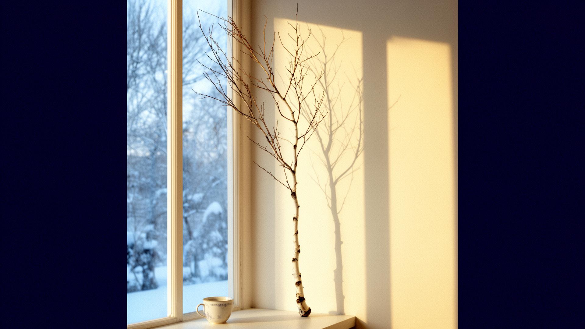 Bare birch branch in soft cobalt morning light